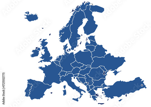 Detailed Blue Europe Map with Country Borders on White Background Illustration 