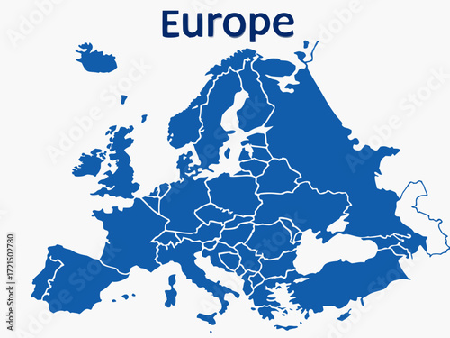 Detailed Blue Europe Map with Country Borders on White Background Illustration 