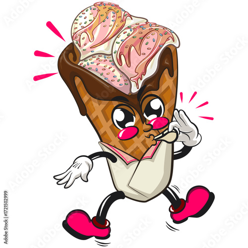 waffle ice cream with chocolate and sprinkles mascot blowing the whistle, work of hand drawn