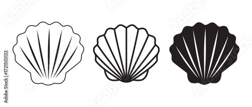 scallop shells icons. one in black and two in white isolated on white background.