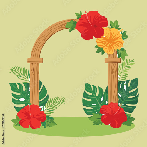 A charming illustration of a light-colored wooden archway with a beautiful floral arrangement of red hibiscus flowers and green monstera leaves against a light yellow background