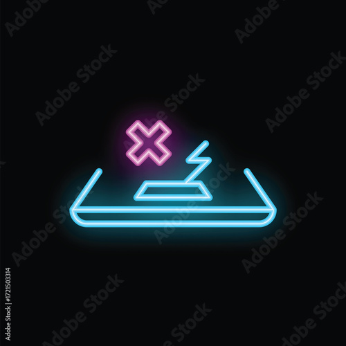 Bright blue and pink neon sign showing a wireless charger not working, with a cross over it, on a black background