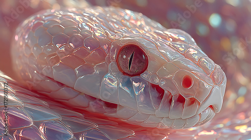 Close-up of a pale snake with iridescent scales, its eye looking intently forward.