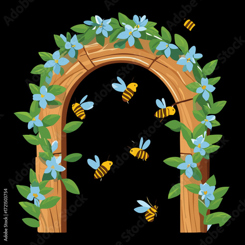 A stunning illustration of a rustic wooden archway on a black background, with delicate blue bell flowers and lush green vines and leaves, with bees buzzing