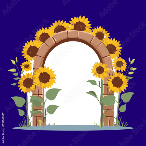 A captivating illustration of a beautiful archway adorned with a full bloom of vibrant yellow sunflowers, with their leaves contrasting perfectly against a deep dark blue background