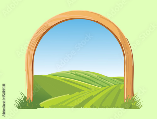 An idyllic and calm illustration of a beautiful, rounded wooden arch frame set against a peaceful, light green landscape with soft rolling hills and a clear blue sky