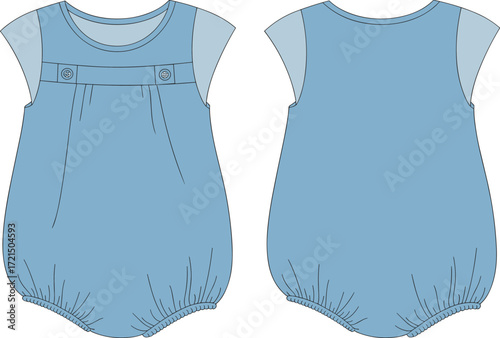 Front and back views of a baby boy's blue sleeveless romper with decorative buttons, a round neckline, and an elasticized bottom opening, a flat technical sketch.