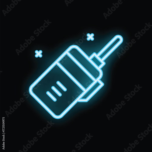 Blue neon walkie talkie icon glowing on dark background
