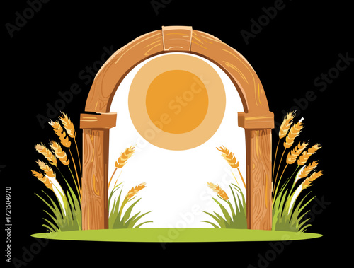 A dramatic illustration of a rustic wooden arch standing tall on a black background, with the sun's warm rays bursting through, highlighting the golden grass below