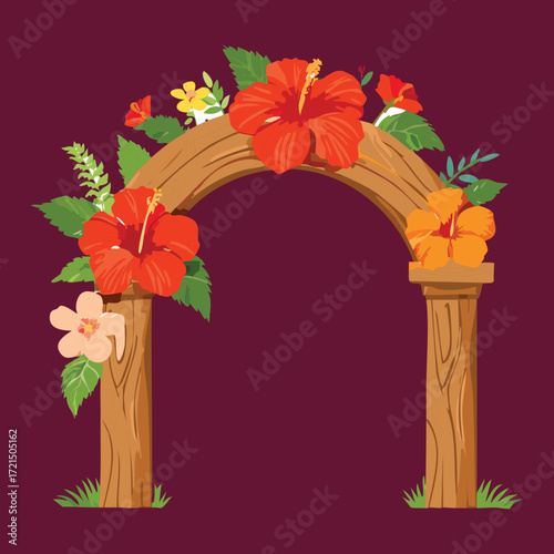 A majestic arched gate with tropical red flowers and green leaves