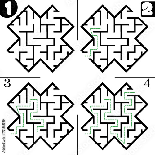 Illustration with labyrinth, maze conundrum for kids. Baby puzzle with entry and exit. Children puzzle game. 4 steps to complete the maze.