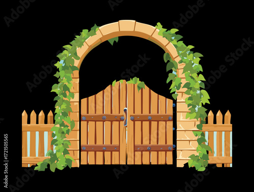 A rustic wooden gate within a stone wall, covered in thick green vines and leaves
