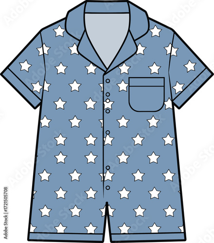 Front view of a men's pajamas set with star print, a collared shirt with short sleeves, front button placket, and patch pocket, a flat sketch.
