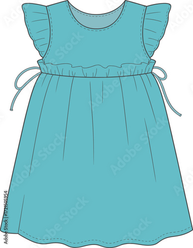 Front view of a baby girl's sleeveless teal dress with an elasticated waist, ruffle sleeves, and decorative drawstrings, a flat technical sketch.
