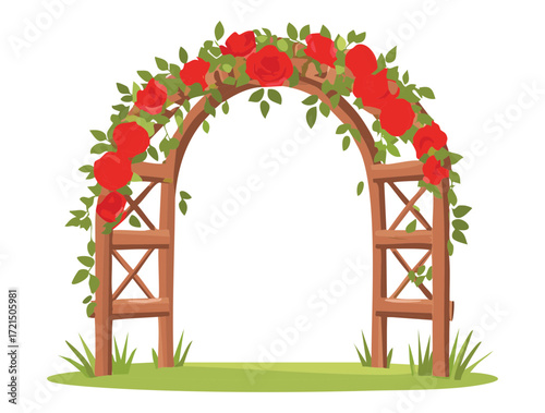 A grand archway with trellis sides, completely covered in blooming red roses and green vines