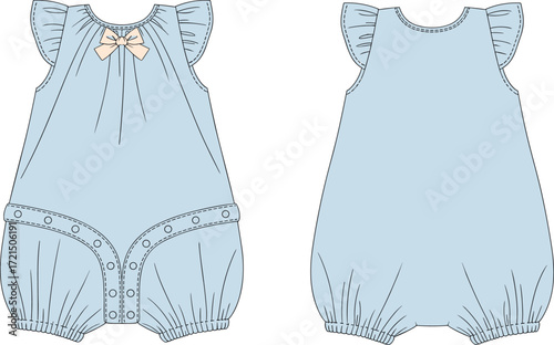 Front and back view of a baby girl's blue sleeveless romper with ruffles, a decorative bow, and a buttoned crotch and waistband, a flat sketch.