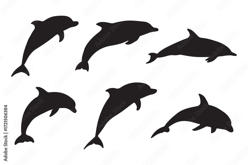Fototapeta premium Dolphin vector icon set. isolated on white background, marine mammal silhouette.
