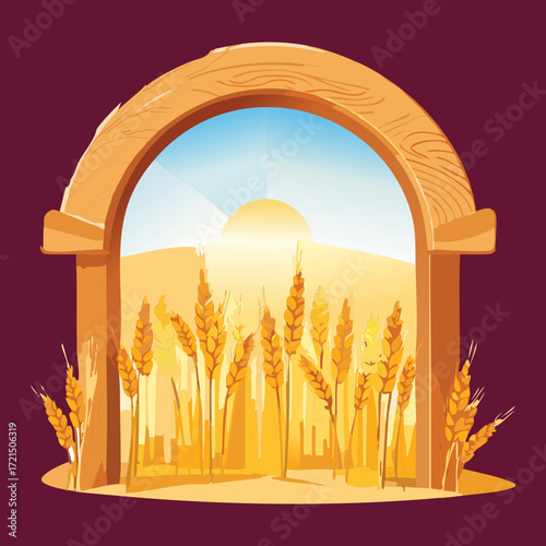 A beautiful arched wooden gate with a view of a golden wheat field and a dramatic sunset