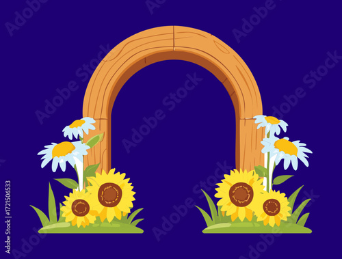 A simple wooden arch with daisies and sunflowers against a dark blue background.