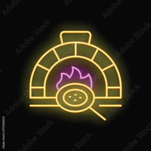 Neon sign depicting a brick oven with fire burning inside and a pizza being baked, ideal for restaurants and food businesses