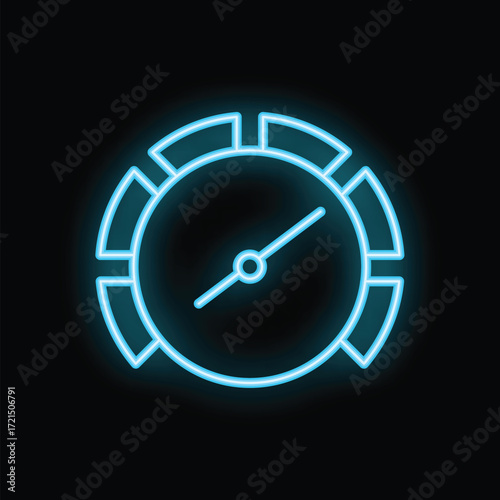 Neon sign showing a speedometer with blue lighting effect, representing speed, performance, and measurement