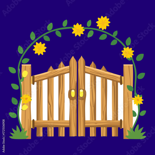  A grand wooden gate with a gold arch and a bed of yellow flowers against a dark background.