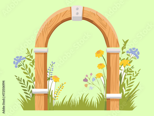 A majestic stone arch with a wooden gate, flanked by tall wildflowers and green grass