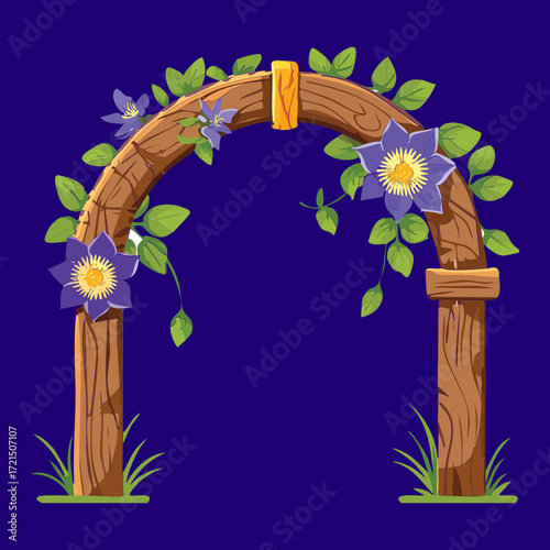 A stylized wooden arch with purple flowers and green leaves on a deep blue background