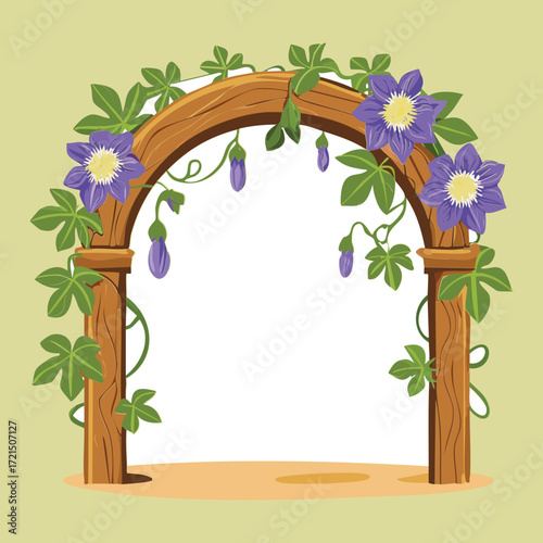 A rustic wood archway covered in beautiful morning glory flowers and lush green foliage