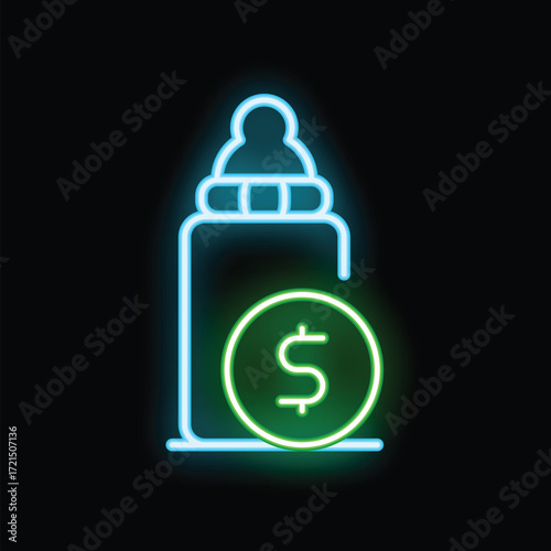 Bright neon icon of a baby bottle with a dollar sign, illustrating the rising cost of baby formula