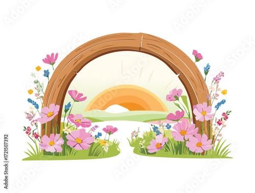 An idyllic semi-circular arch over a peaceful garden scene with a path and colorful flowers