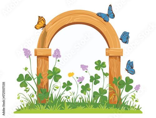 A rustic log gate in an archway with flying butterflies and a cheerful meadow of wildflowers