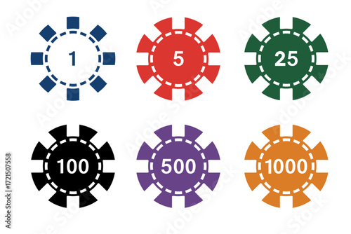 Colorful casino chips in various denominations, vector illustration on transparent background