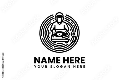 DJ Logo Design Stylized Turntable and Headphones Icon.