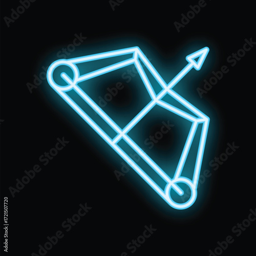 Blue neon sign of a bow and arrow glowing on a dark background