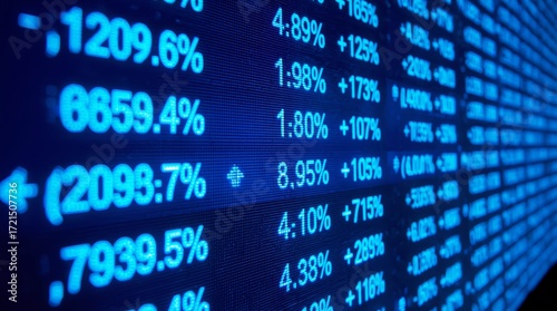 A dynamic, close-up, and highly detailed perspective shot of a digital stock market ticker or financial data screen. The image is dominated by a deep, intense blue color palette, giving a futuristic.