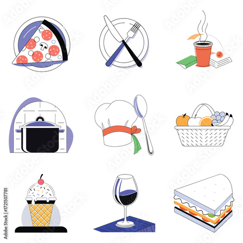 Collection of diverse food and drink icons featuring desserts meals utensils and beverages isolated on white background