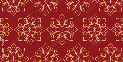 Golden floral seamless pattern on red background for Diwali celebration, elegant line art design perfect for festive decoration and traditional motifs. Vector illustration