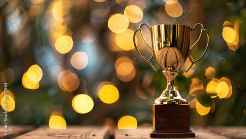 A gold trophy sits on a wooden surface, slightly out of focus, with a bokeh background of warm-toned lights