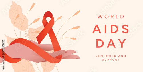 World AIDS Day background with Hand holding Red Ribbon. December 1 awareness campaign. HIV AIDS prevention and support. Vector illustration for poster, banner, flyer, card, cover