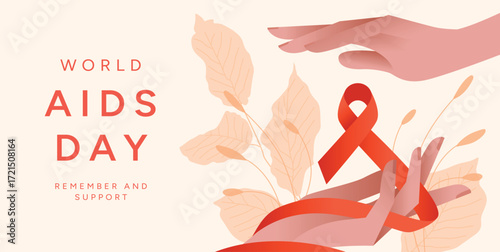World AIDS Day background with Red Ribbon and Hands. December 1 awareness campaign. HIV AIDS prevention and support concept. Vector illustration for poster, banner, flyer, card, cover