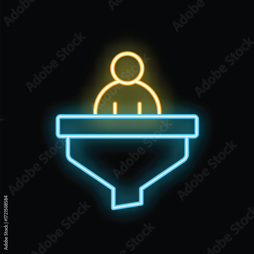 Glowing neon line icon of a person falling into a funnel, symbolizing the process of converting leads into customers