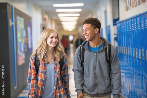 Happy teenage couple walking and talking in a high school hallway
