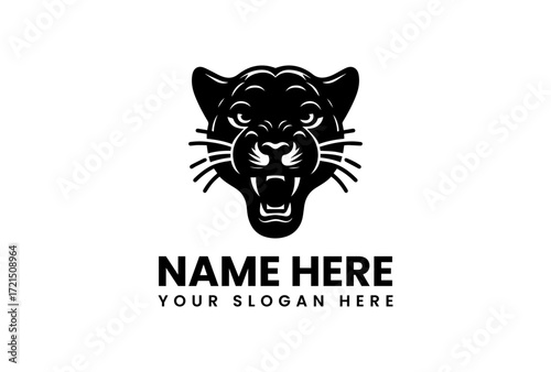 Fierce Black Panther Head with Open Mouth and Sharp Teeth Silhouette.