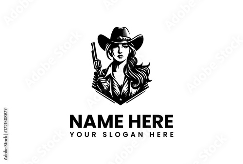 Fierce Cowgirl Holding Revolver Wearing Hat Bold Black and White Logo.