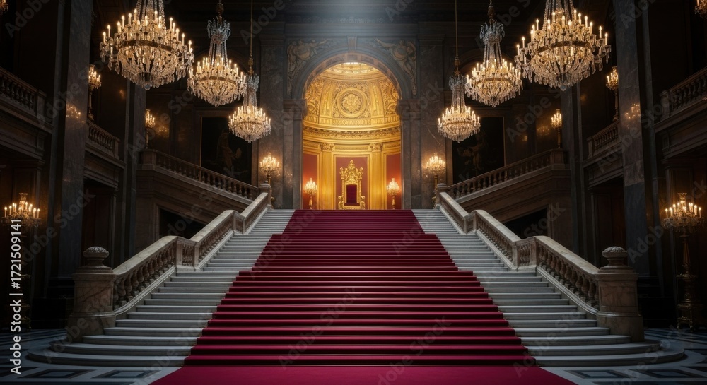 Obraz premium Luxurious Grand Staircase in Elegant Palace with Chandeliers and Ornate Decor