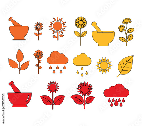 Colorful botanical elements including flowers leaves clouds and mortar and pestle on a white background, A set of icons for natural wellness: a mortar and pestle, a chamomile flower, a plant leaf