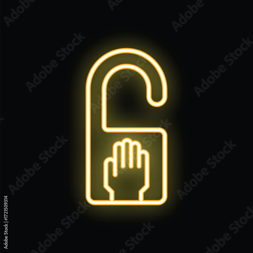 Glowing neon yellow do not disturb sign with a hand making the stop gesture