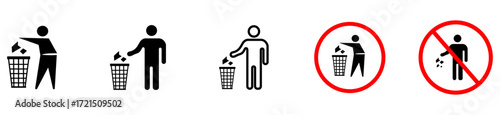 Throw trash in bin, keep area clean icon set.  Trash bin icons person throwing waste, keep clean pictogram vector pack. tidy man, trash, bin, tidy, man, garbage, can, litter,  vector illustration