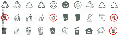 Recycle , trash bin and electric waste symbol vector set.  Recycle bin symbol illustration. Waste disposal symbol set. trash, recycle, electrical waste, bin, can, dump, recycling, junk, vector